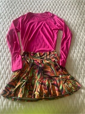 Dona Jo Tropical Tennis Skirt + Hot Pink Long Sleeve Top — Size 1 (Small)